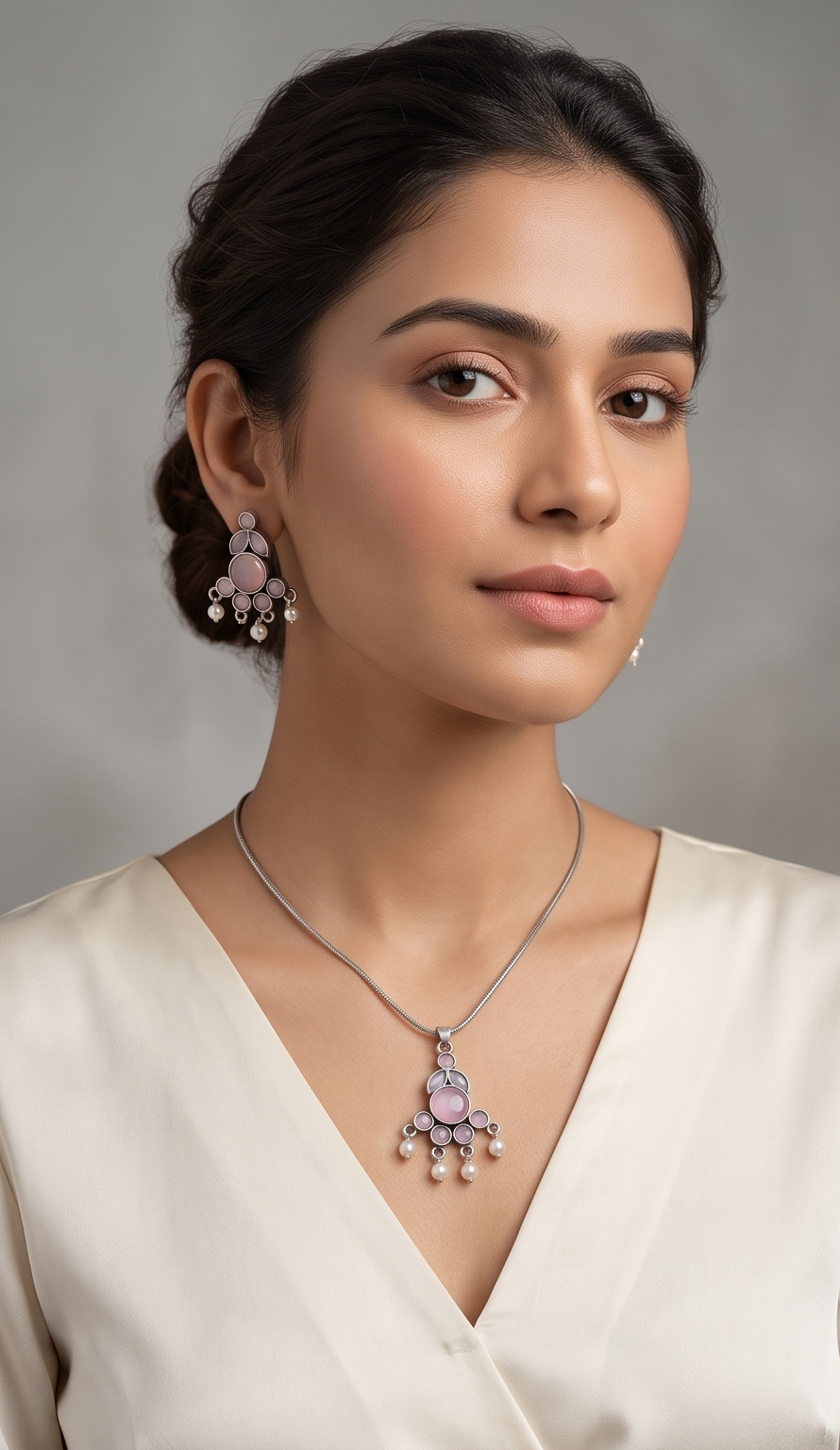 Manjari (মঞ্জরী) | Silver Replica Gemstone Cluster & Pearl Fringe Pendant Set
