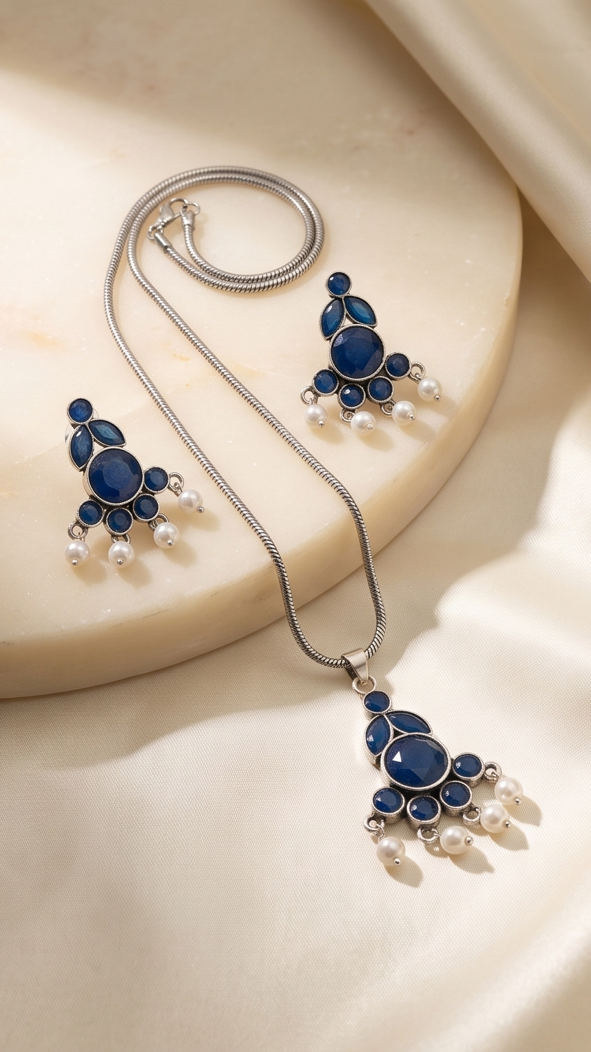Manjari (মঞ্জরী) | Silver Replica Gemstone Cluster & Pearl Fringe Pendant Set