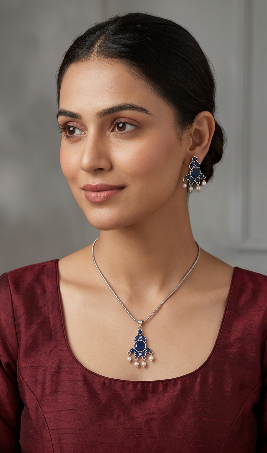 Manjari (মঞ্জরী) | Silver Replica Gemstone Cluster & Pearl Fringe Pendant Set