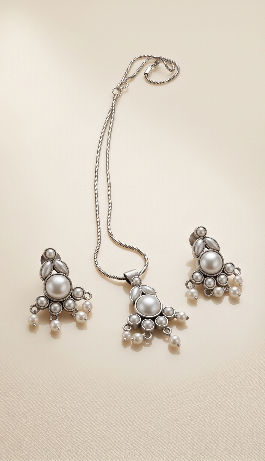 Manjari (মঞ্জরী) | Silver Replica Gemstone Cluster & Pearl Fringe Pendant Set