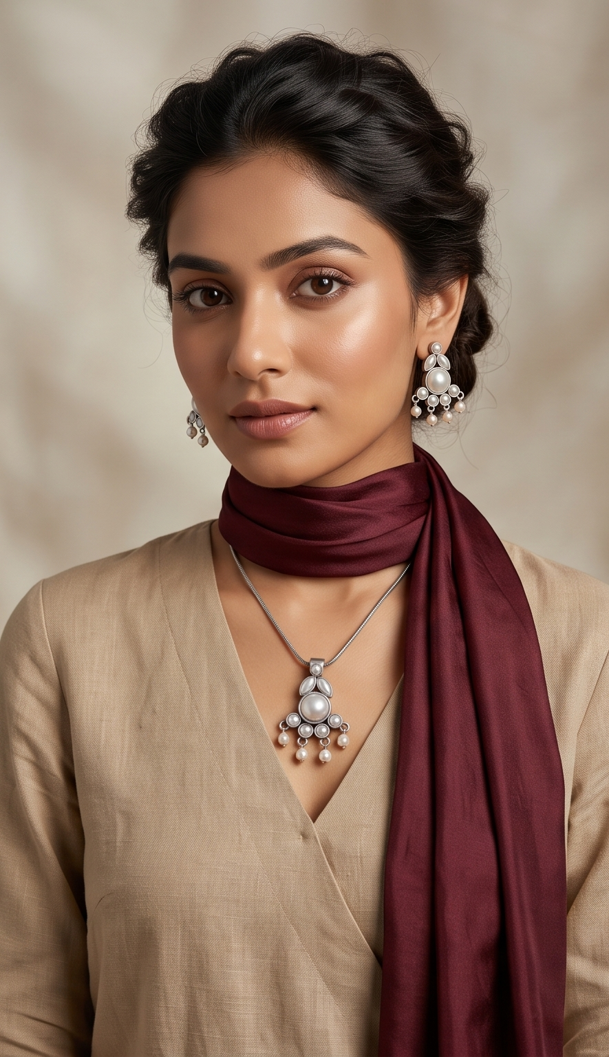 Manjari (মঞ্জরী) | Silver Replica Gemstone Cluster & Pearl Fringe Pendant Set