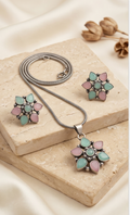 Kisholoy (কিশলয়) | Silver Replica Pastel Mint & Blush Pink Floral Rosette Pendant Set