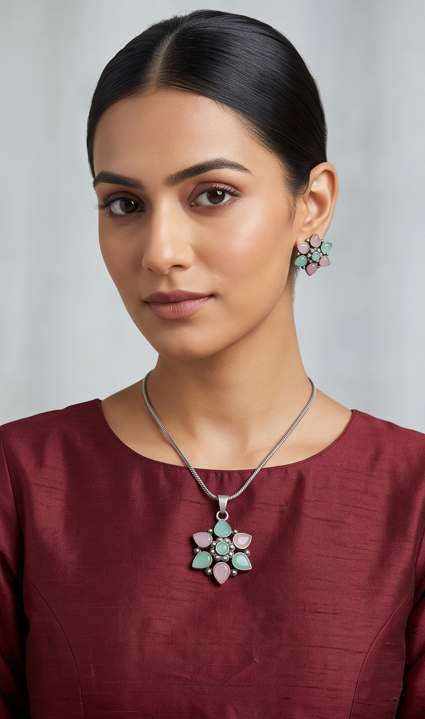 Kisholoy (কিশলয়) | Silver Replica Pastel Mint & Blush Pink Floral Rosette Pendant Set