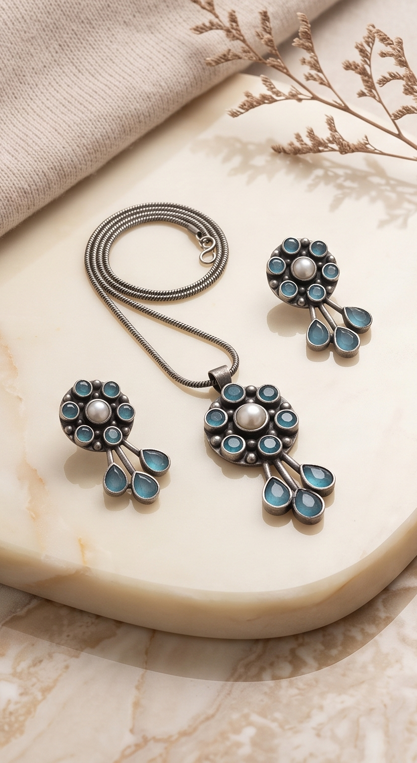 Bindurekha| Silver Replica Pearl Floral Rosette & Teardrop Fringe Pendant Se