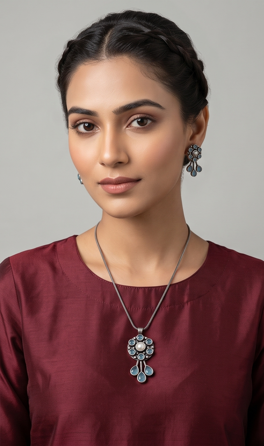 Bindurekha| Silver Replica Pearl Floral Rosette & Teardrop Fringe Pendant Se