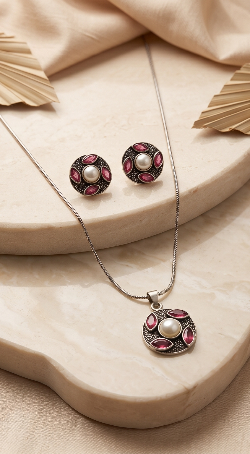 Raktakamal (রক্তকমল) | Silver Replica Raspberry Marquise & Pearl Medallion Pendant Set