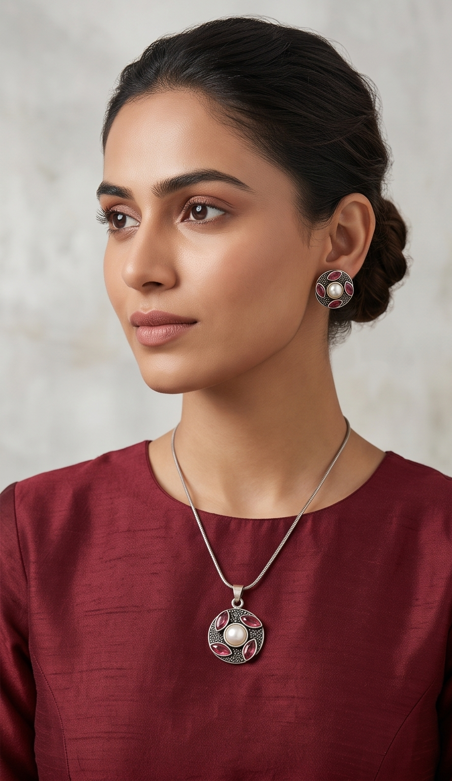 Raktakamal (রক্তকমল) | Silver Replica Raspberry Marquise & Pearl Medallion Pendant Set
