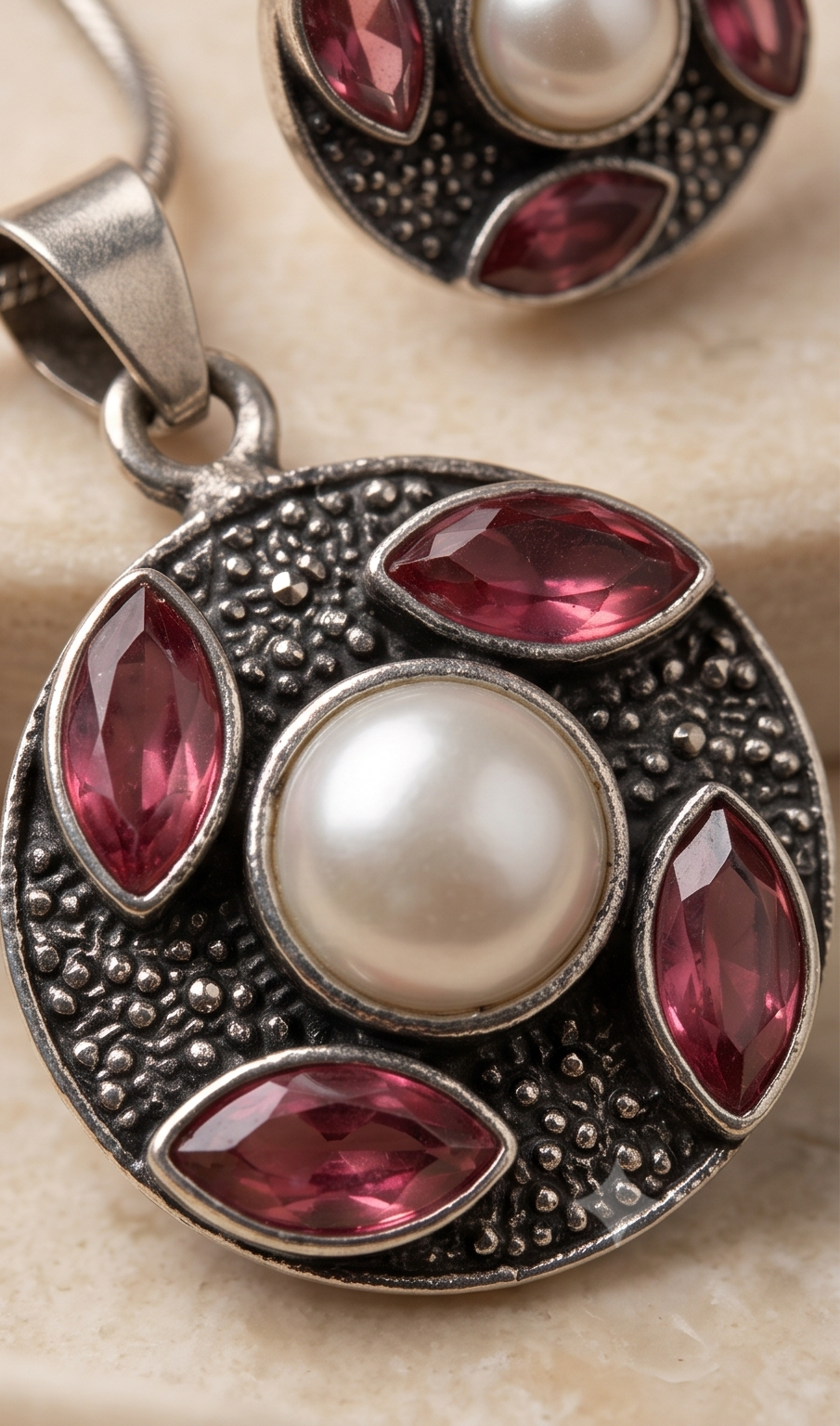 Raktakamal (রক্তকমল) | Silver Replica Raspberry Marquise & Pearl Medallion Pendant Set