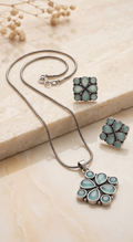 Jalchhabi (জলছবি) | Silver Replica Seafoam Mint Cabochon Floral Cushion Pendant Set