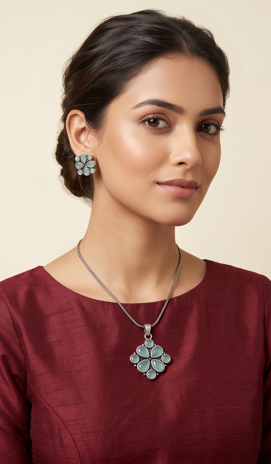 Jalchhabi (জলছবি) | Silver Replica Seafoam Mint Cabochon Floral Cushion Pendant Set
