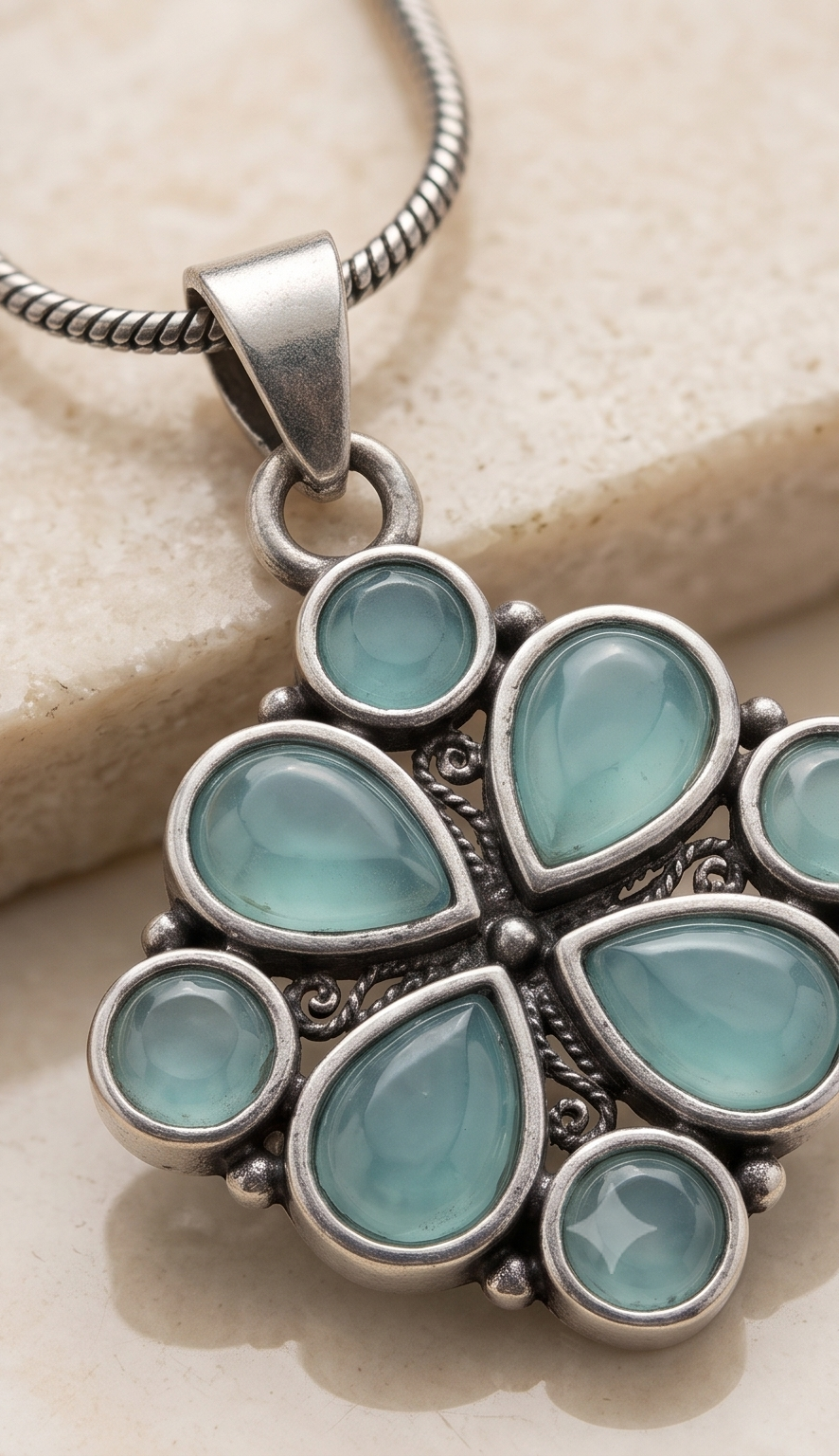 Jalchhabi (জলছবি) | Silver Replica Seafoam Mint Cabochon Floral Cushion Pendant Set