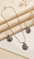 Keka (কেকা) | Silver Replica Peacock Motif Ruby Cabochon Pendant & Drop Earring Set
