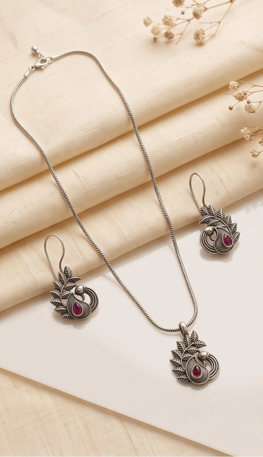 Keka (কেকা) | Silver Replica Peacock Motif Ruby Cabochon Pendant & Drop Earring Set