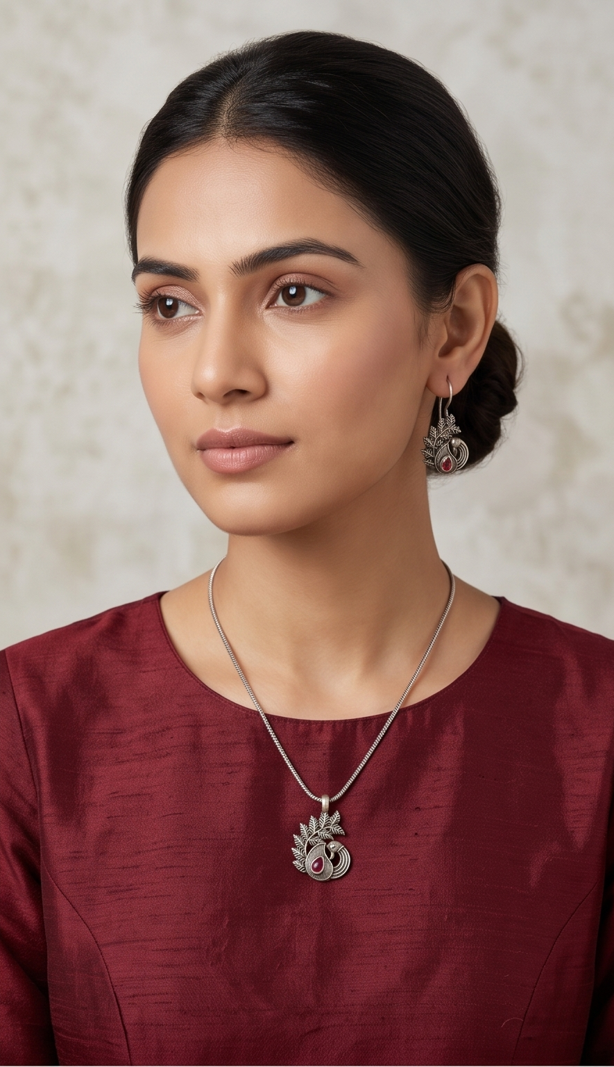 Keka (কেকা) | Silver Replica Peacock Motif Ruby Cabochon Pendant & Drop Earring Set