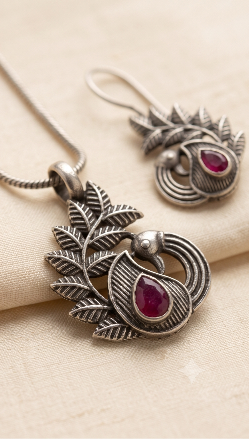 Keka (কেকা) | Silver Replica Peacock Motif Ruby Cabochon Pendant & Drop Earring Set