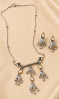 Neelkanthi (নীলকণ্ঠী) | Dual-Tone Silver Replica Sunburst Fringe & Sapphire Accent Necklace Set