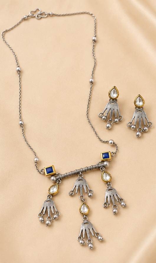 Neelkanthi (নীলকণ্ঠী) | Dual-Tone Silver Replica Sunburst Fringe & Sapphire Accent Necklace Set