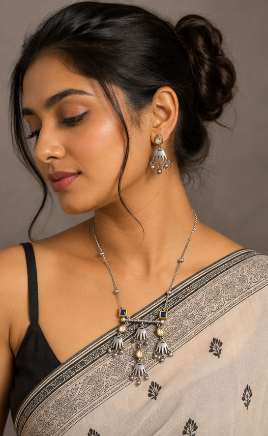 Neelkanthi (নীলকণ্ঠী) | Dual-Tone Silver Replica Sunburst Fringe & Sapphire Accent Necklace Set