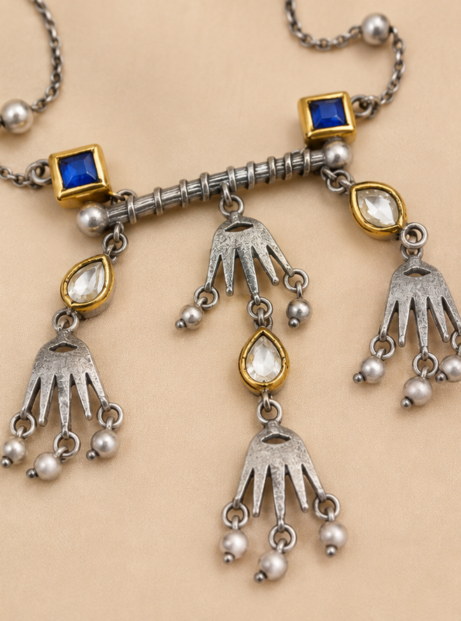 Neelkanthi (নীলকণ্ঠী) | Dual-Tone Silver Replica Sunburst Fringe & Sapphire Accent Necklace Set