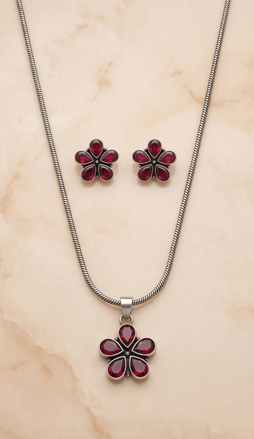 Kusumika (কুসুমিকা) | Silver Replica Ruby Red Five-Petal Floral Rosette Pendant Set