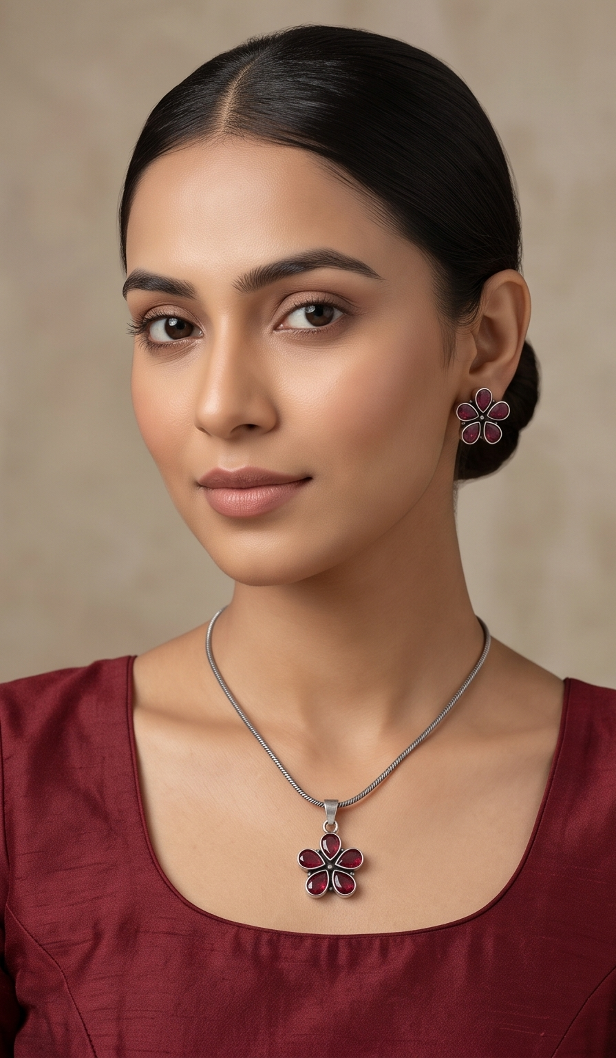 Kusumika (কুসুমিকা) | Silver Replica Ruby Red Five-Petal Floral Rosette Pendant Set