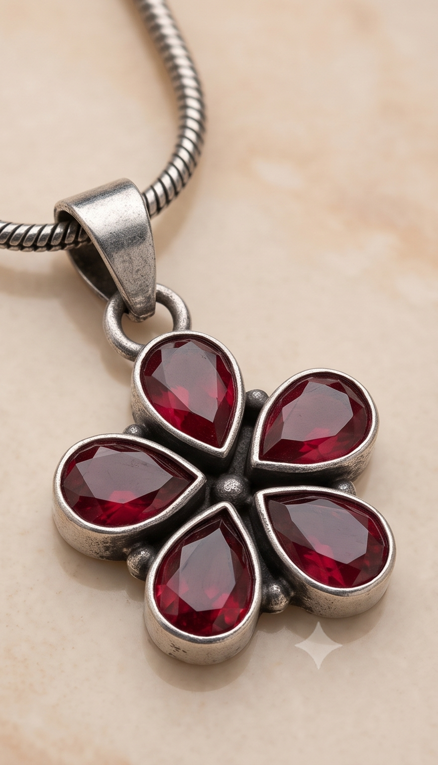 Kusumika (কুসুমিকা) | Silver Replica Ruby Red Five-Petal Floral Rosette Pendant Set