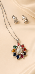 Noborotno (নবরত্ন) | Silver Replica Navratna Multi-Gemstone Sunburst & Mabe Pearl Pendant Set
