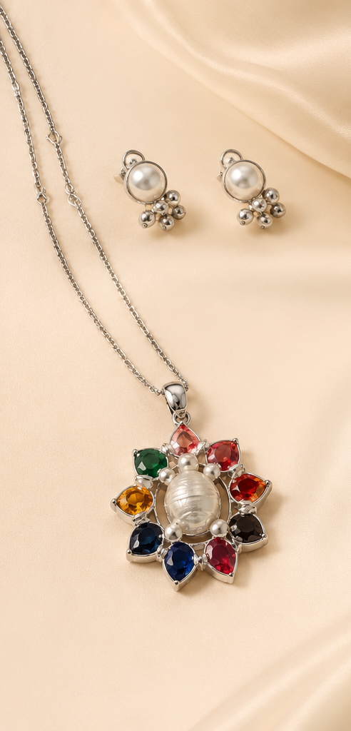 Noborotno (নবরত্ন) | Silver Replica Navratna Multi-Gemstone Sunburst & Mabe Pearl Pendant Set