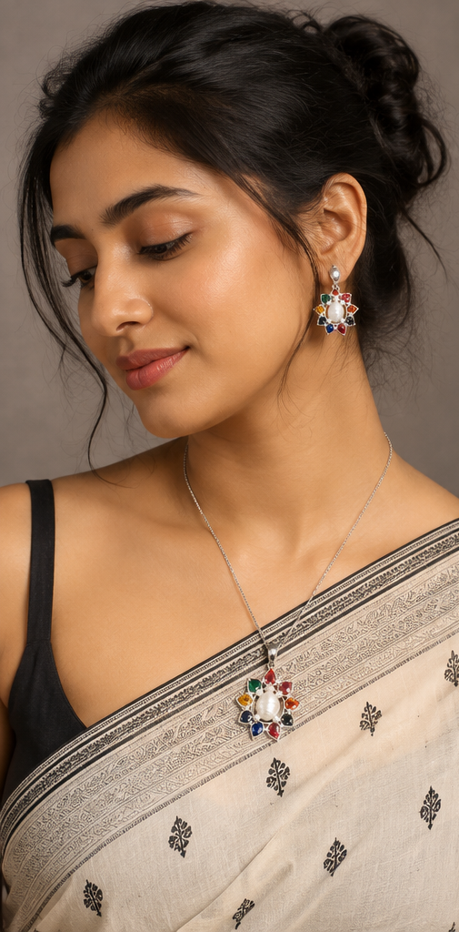 Noborotno (নবরত্ন) | Silver Replica Navratna Multi-Gemstone Sunburst & Mabe Pearl Pendant Set