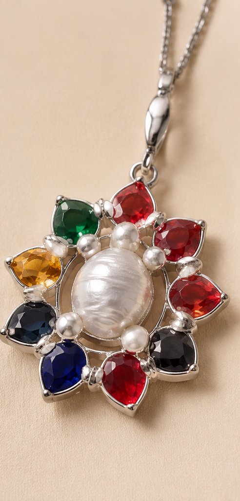 Noborotno (নবরত্ন) | Silver Replica Navratna Multi-Gemstone Sunburst & Mabe Pearl Pendant Set