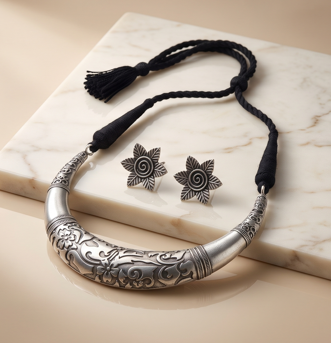 Bonani (বনানী) | Silver Replica Floral Carved Torque Choker & Star Stud Set