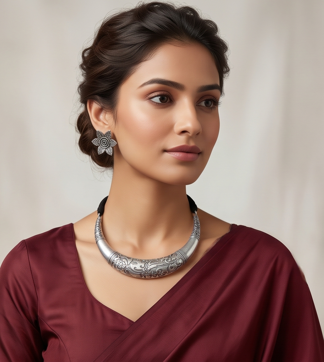 Bonani (বনানী) | Silver Replica Floral Carved Torque Choker & Star Stud Set