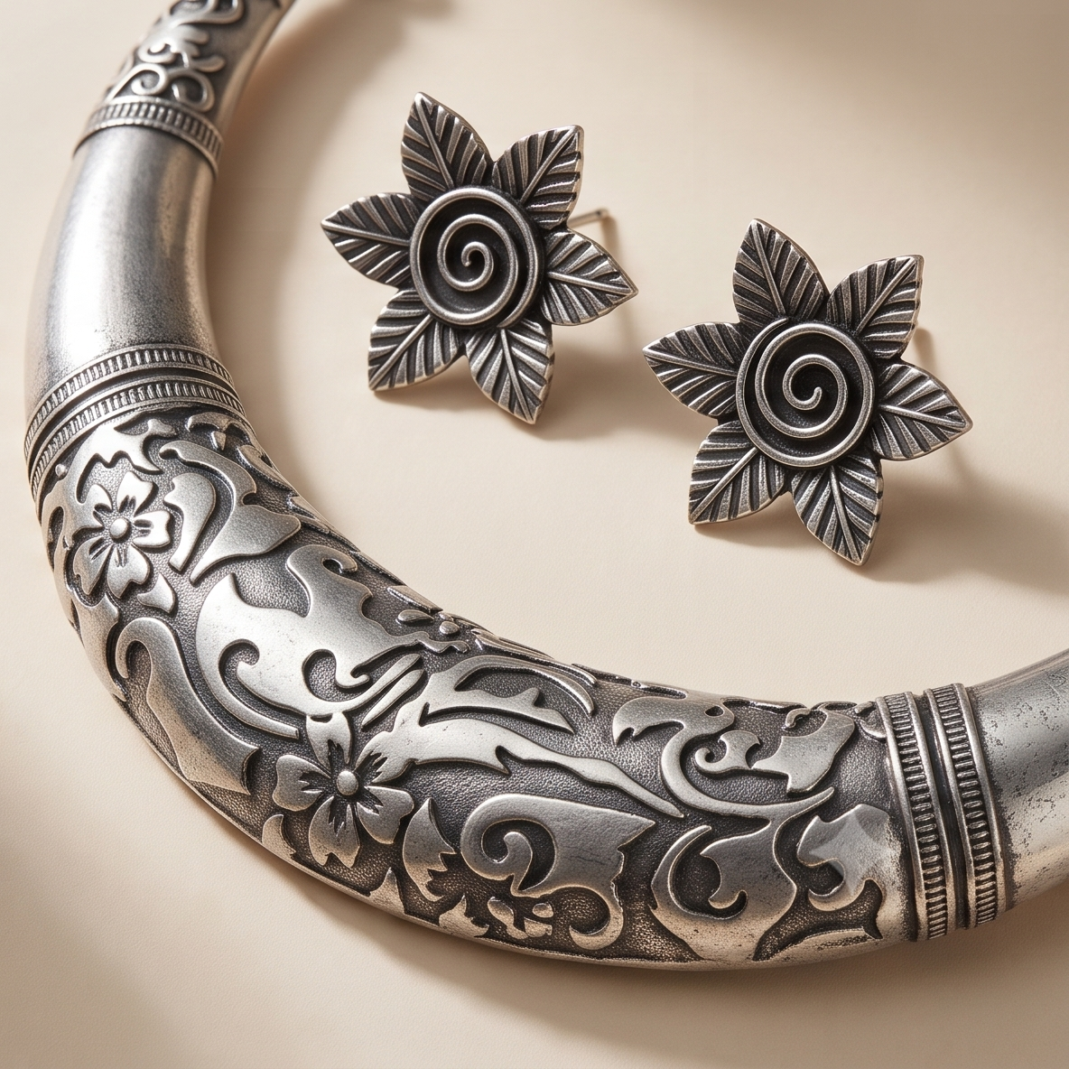 Bonani (বনানী) | Silver Replica Floral Carved Torque Choker & Star Stud Set