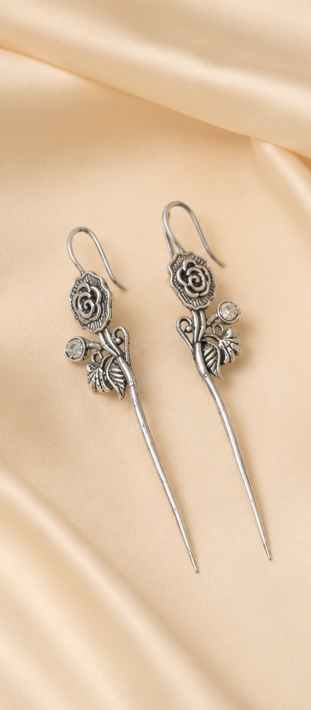 Golap-Kanta (গোলাপকাঁটা) | Silver Replica Elongated Rose Stem & Crystal Drop Earrings