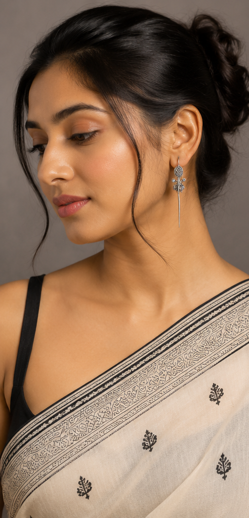 Golap-Kanta (গোলাপকাঁটা) | Silver Replica Elongated Rose Stem & Crystal Drop Earrings