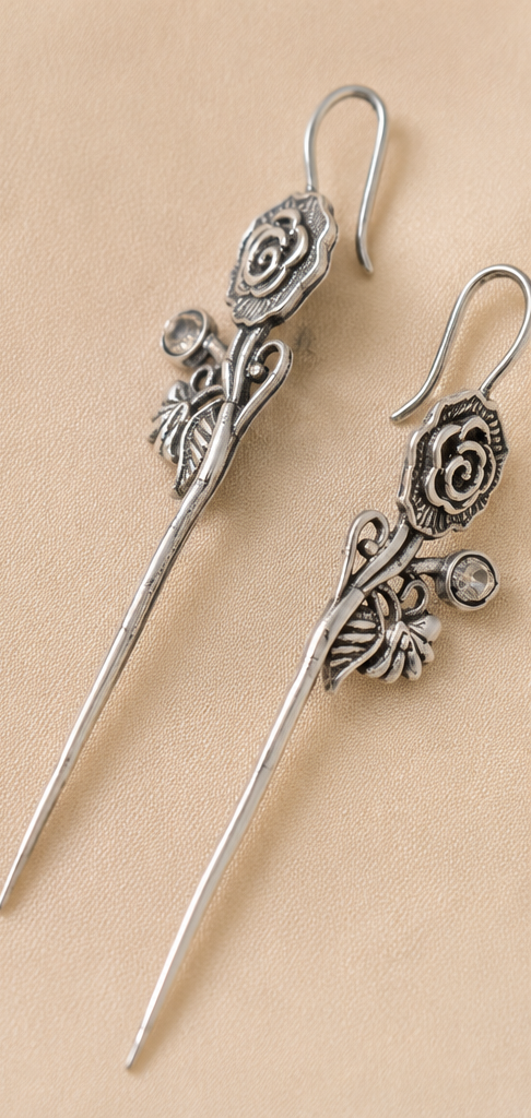 Golap-Kanta (গোলাপকাঁটা) | Silver Replica Elongated Rose Stem & Crystal Drop Earrings