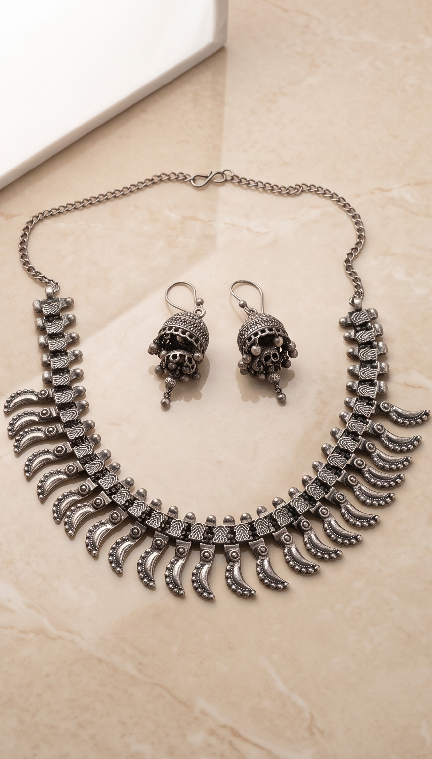 Chandrabali (চন্দ্রাবলী) | Silver Rrplica Crescent Spike Collar Necklace & Jhumka Set