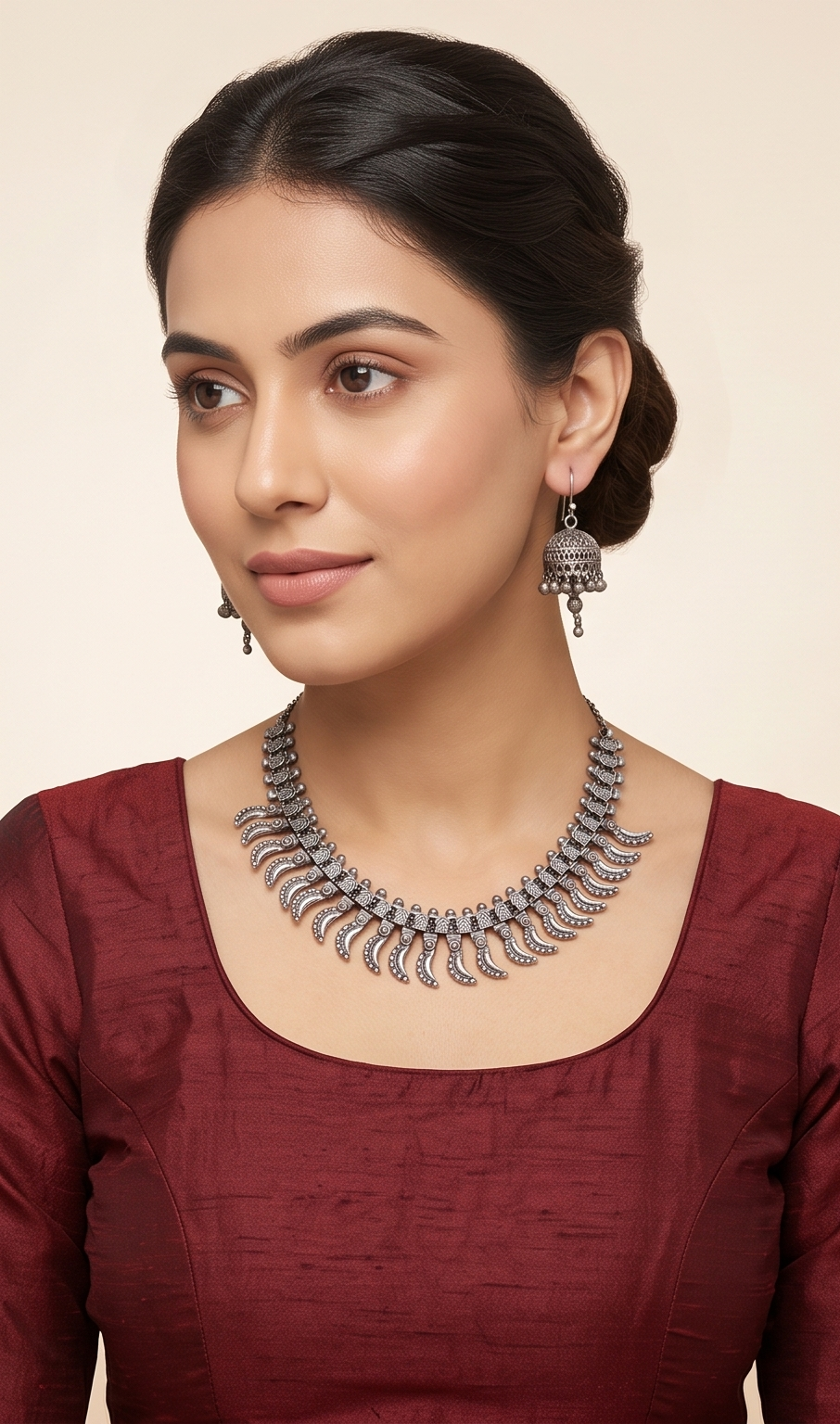 Chandrabali (চন্দ্রাবলী) | Silver Rrplica Crescent Spike Collar Necklace & Jhumka Set