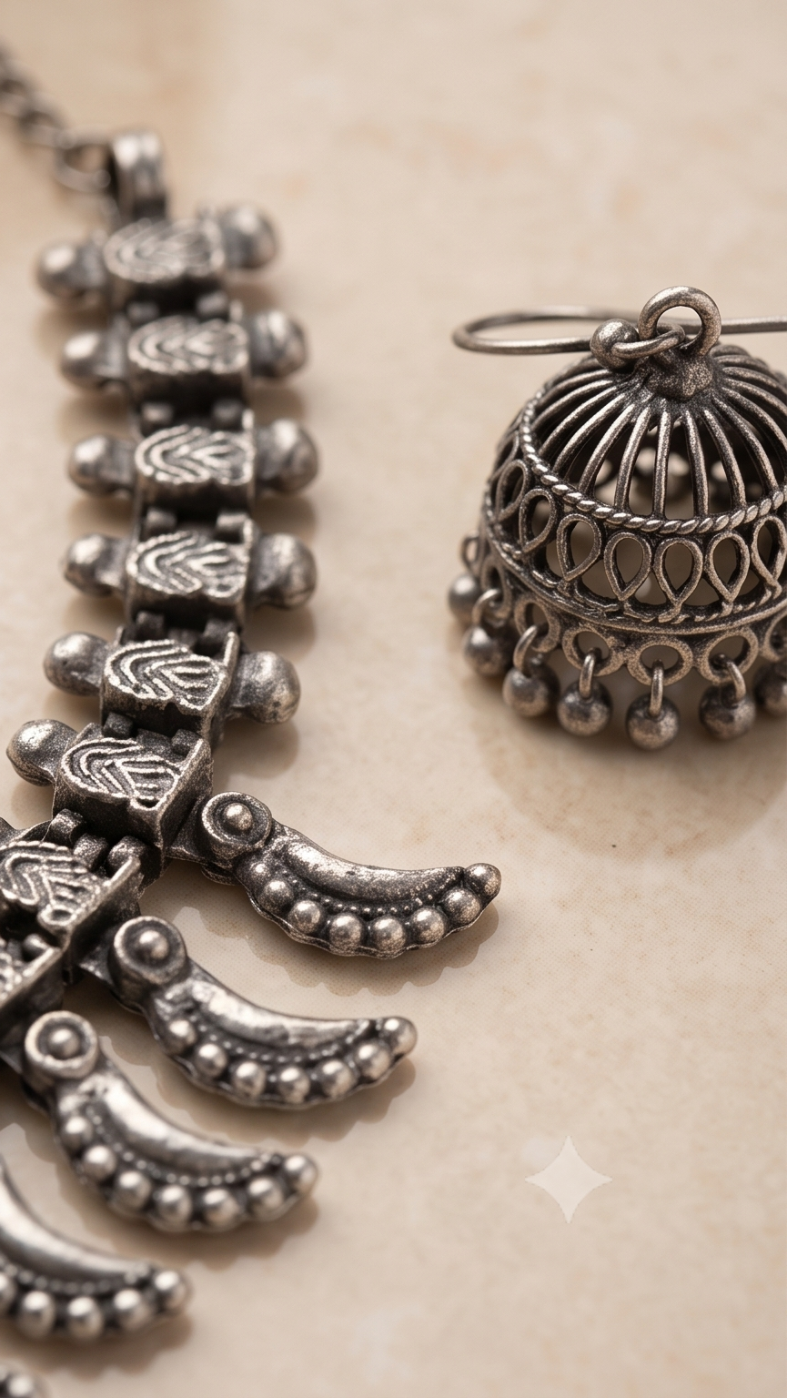 Chandrabali (চন্দ্রাবলী) | Silver Rrplica Crescent Spike Collar Necklace & Jhumka Set