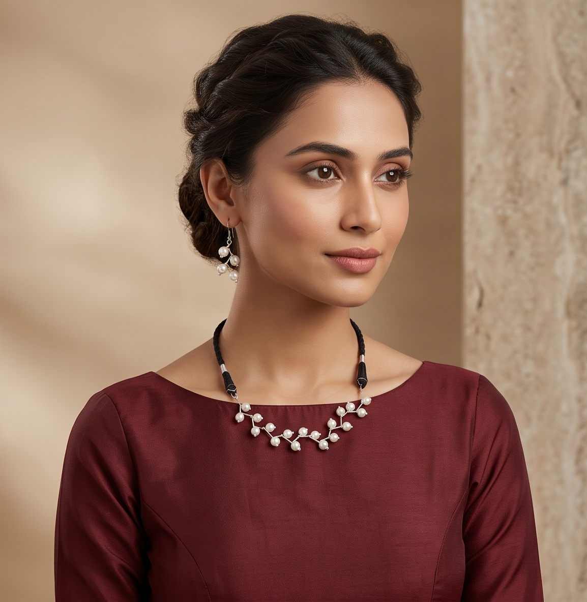 Himi (হিমি) | Zigzag Silver Replica Wireframe Pearl Trellis Choker & Drop Earrings Set