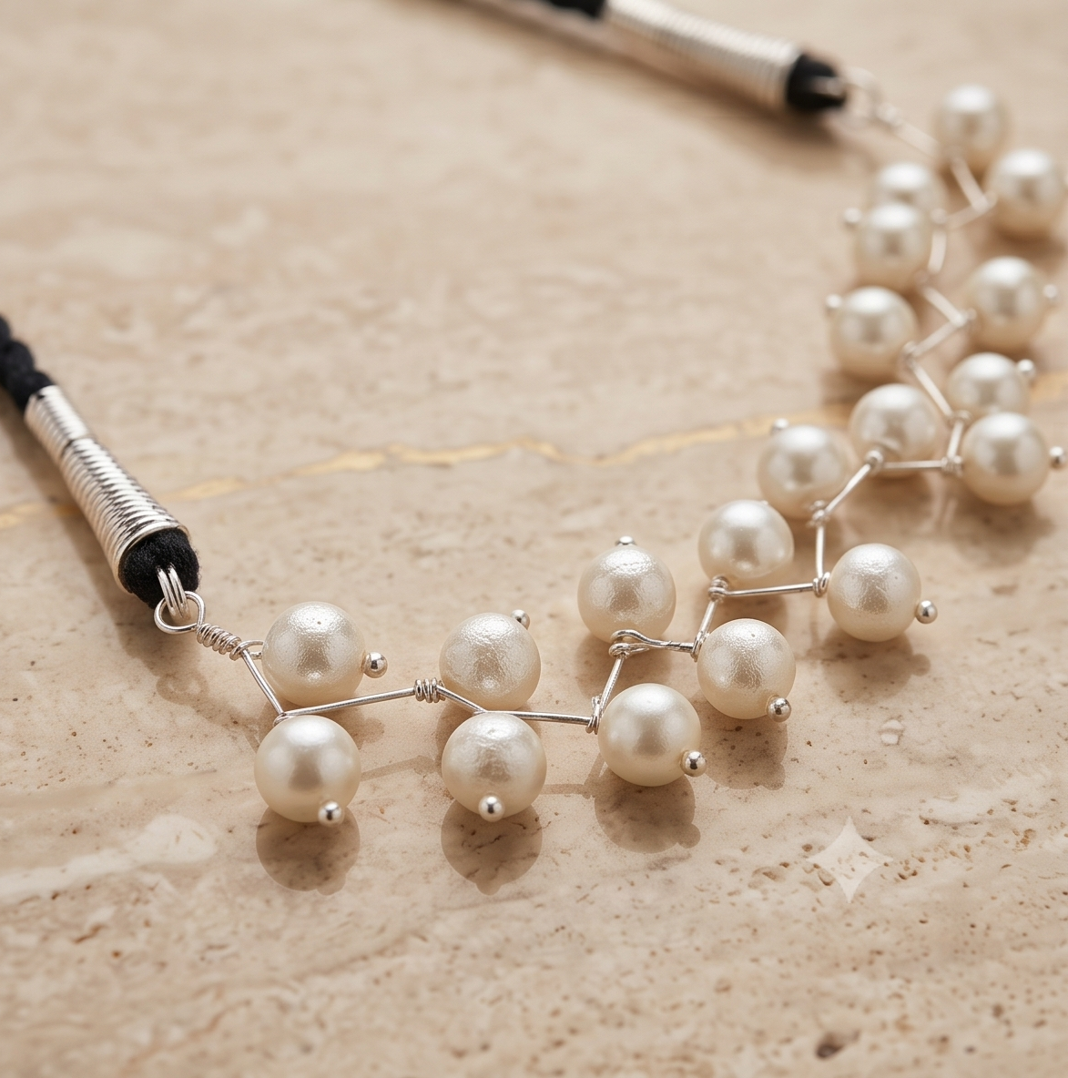 Himi (হিমি) | Zigzag Silver Replica Wireframe Pearl Trellis Choker & Drop Earrings Set
