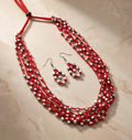 Panchali (পাঁচালী) | Handcrafted Red Thread Multi-Strand & Silver Replica Cube Bead Necklace Set