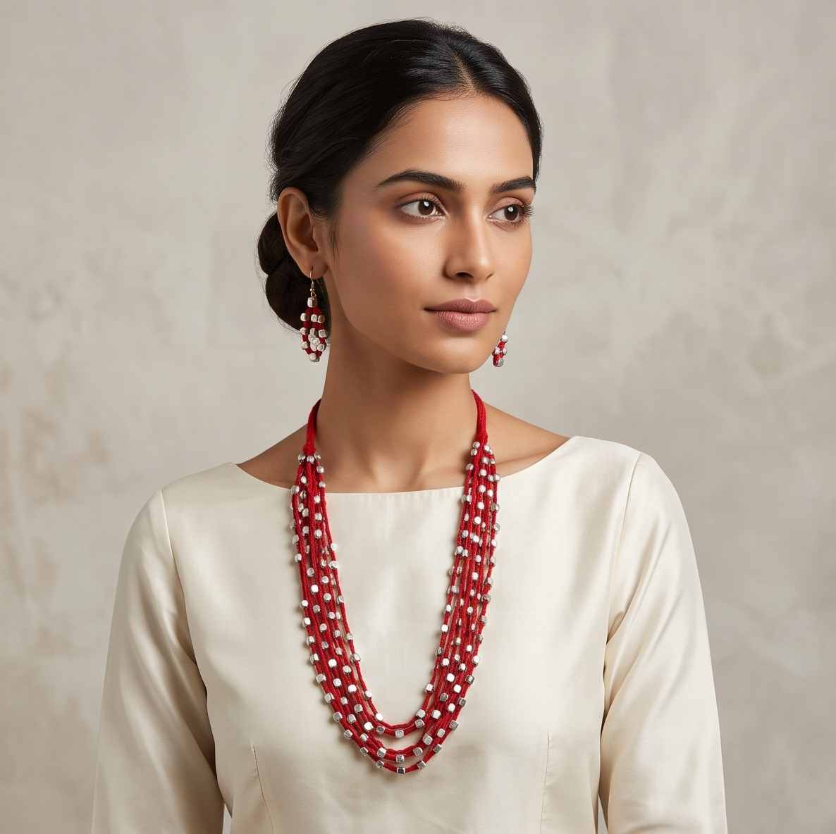 Panchali (পাঁচালী) | Handcrafted Red Thread Multi-Strand & Silver Replica Cube Bead Necklace Set