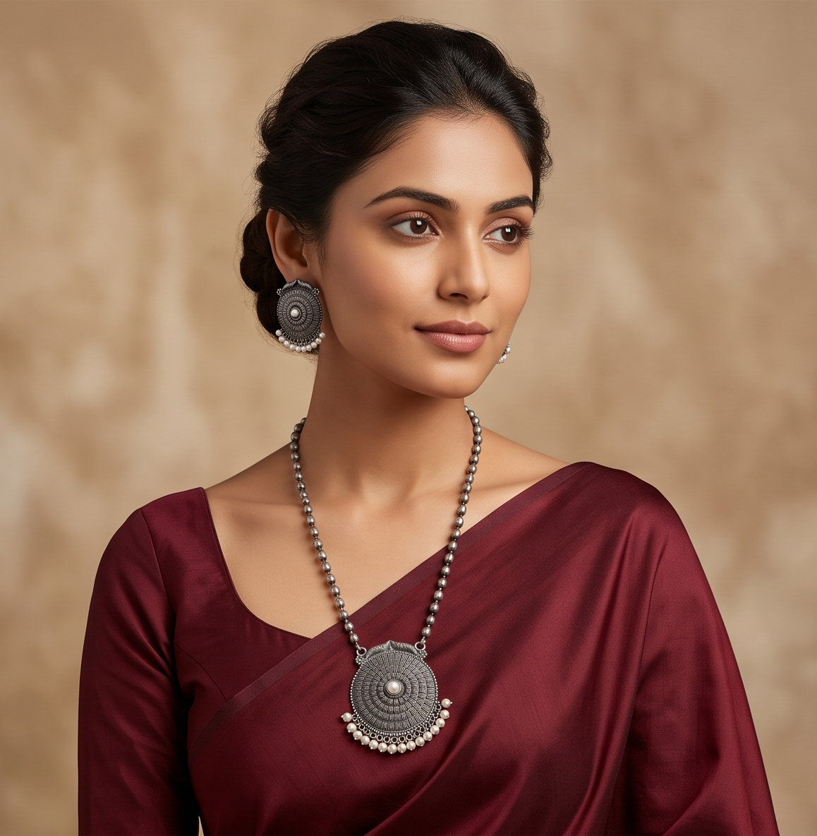 Rajnandini (রাজনন্দিনী) | Silver Replica Beaded Mala & Sunburst Medallion Pearl Pendant Set