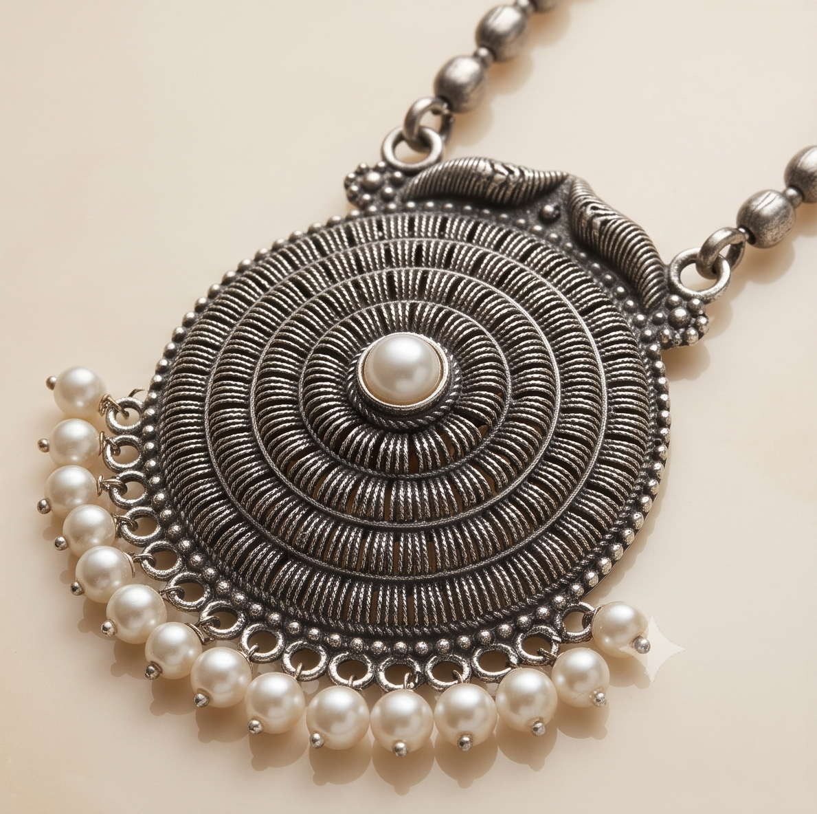 Rajnandini (রাজনন্দিনী) | Silver Replica Beaded Mala & Sunburst Medallion Pearl Pendant Set