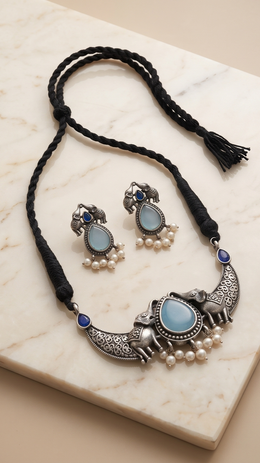Gajashree (গজশ্রী) | Silver Replica Elephant Motif Cabochon Choker & Stud Set