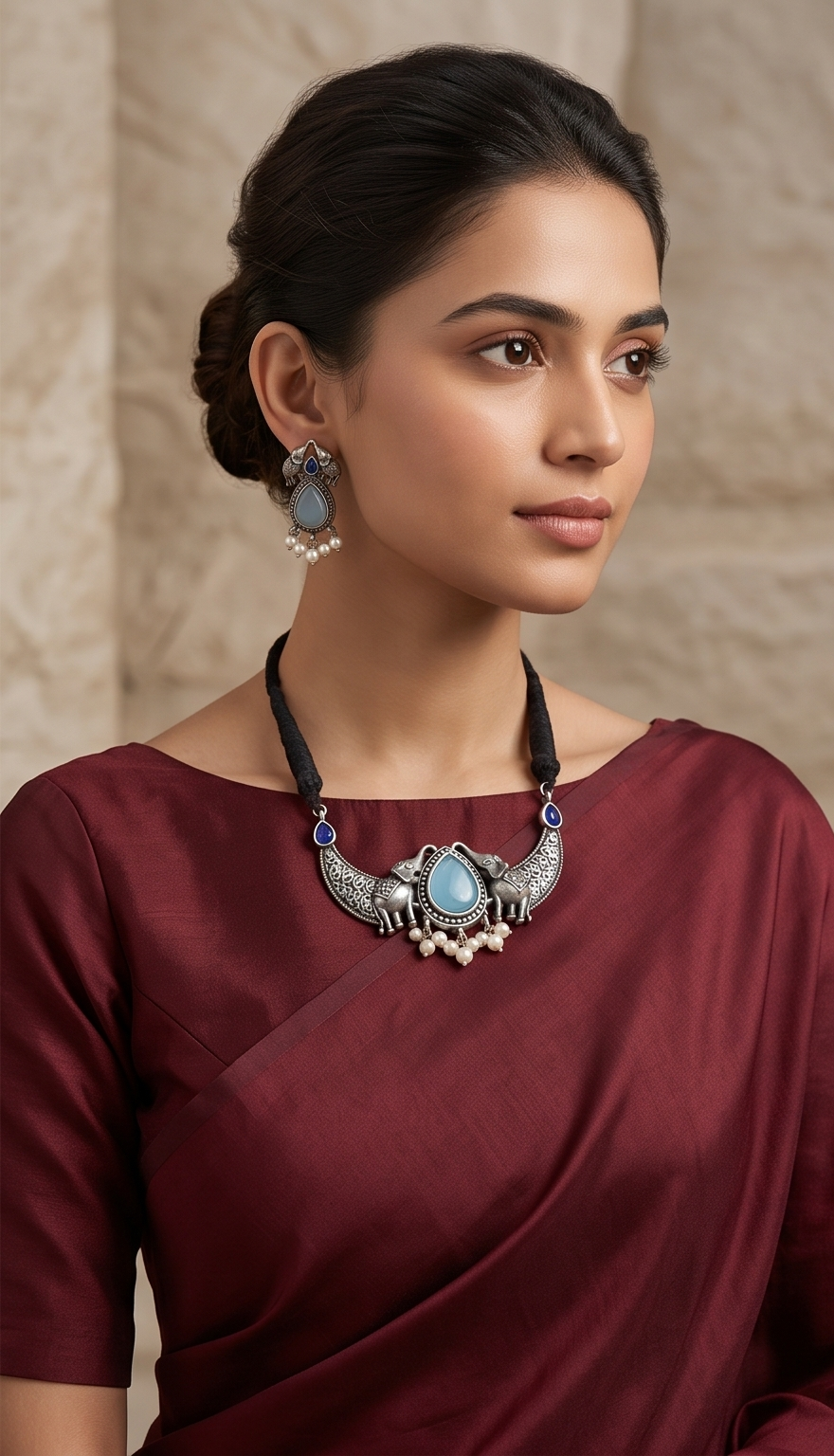 Gajashree (গজশ্রী) | Silver Replica Elephant Motif Cabochon Choker & Stud Set