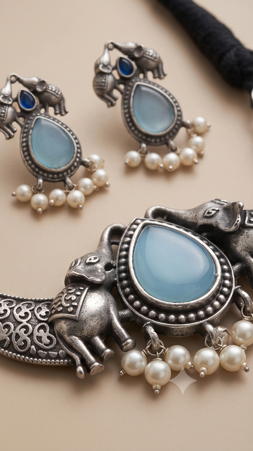 Gajashree (গজশ্রী) | Silver Replica Elephant Motif Cabochon Choker & Stud Set