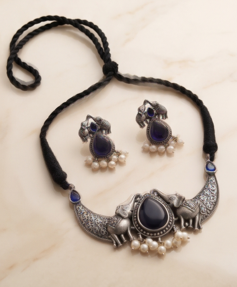 Gajashree (গজশ্রী) | Silver Replica Elephant Motif Cabochon Choker & Stud Set