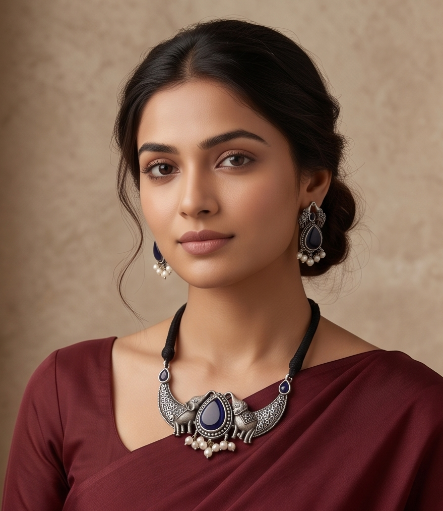 Gajashree (গজশ্রী) | Silver Replica Elephant Motif Cabochon Choker & Stud Set